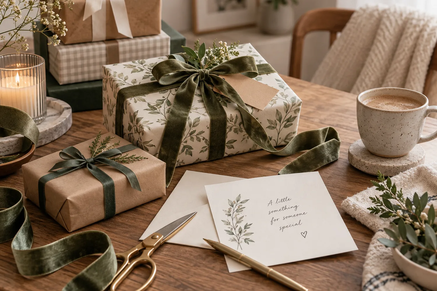 Wrapped gifts and a handwritten card