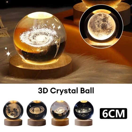 3D Planet Crystal Ball Night Light with Wooden Base