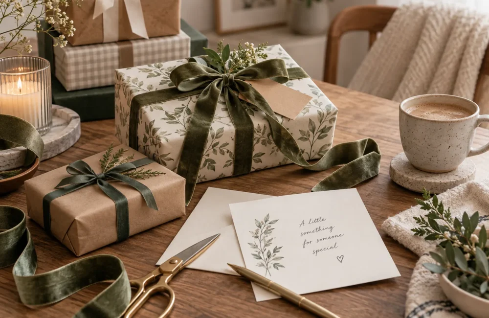 Botanical gift wrapping, ribbon and a handwritten card on a table