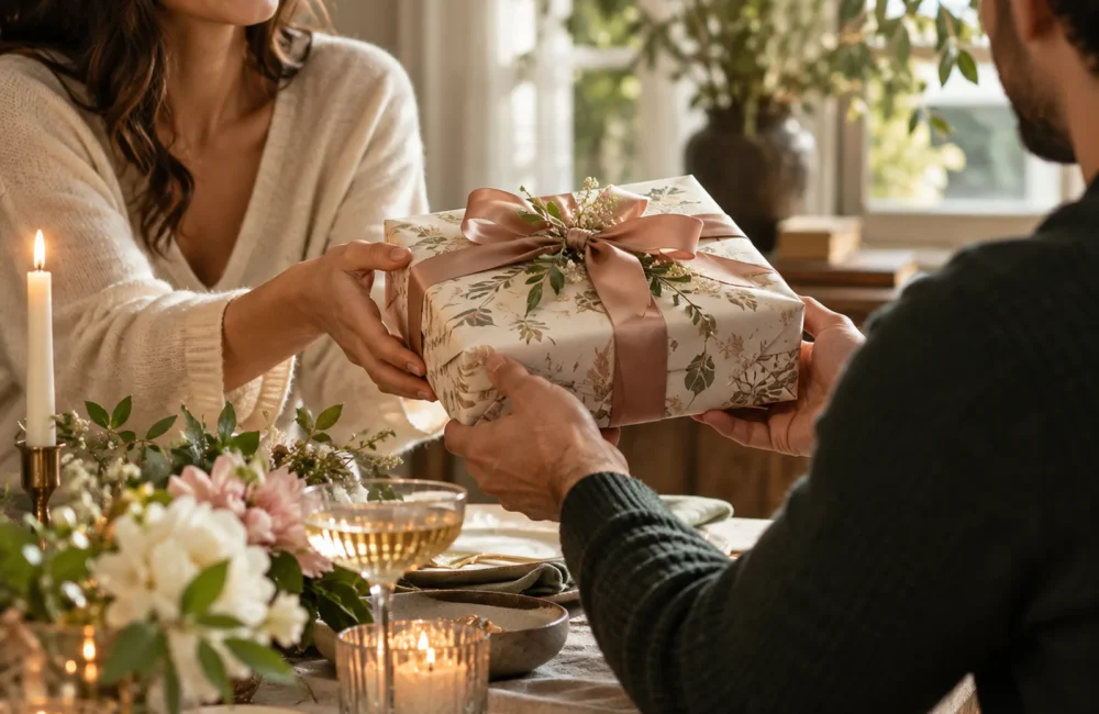 A wrapped gift being exchanged in a warm home setting