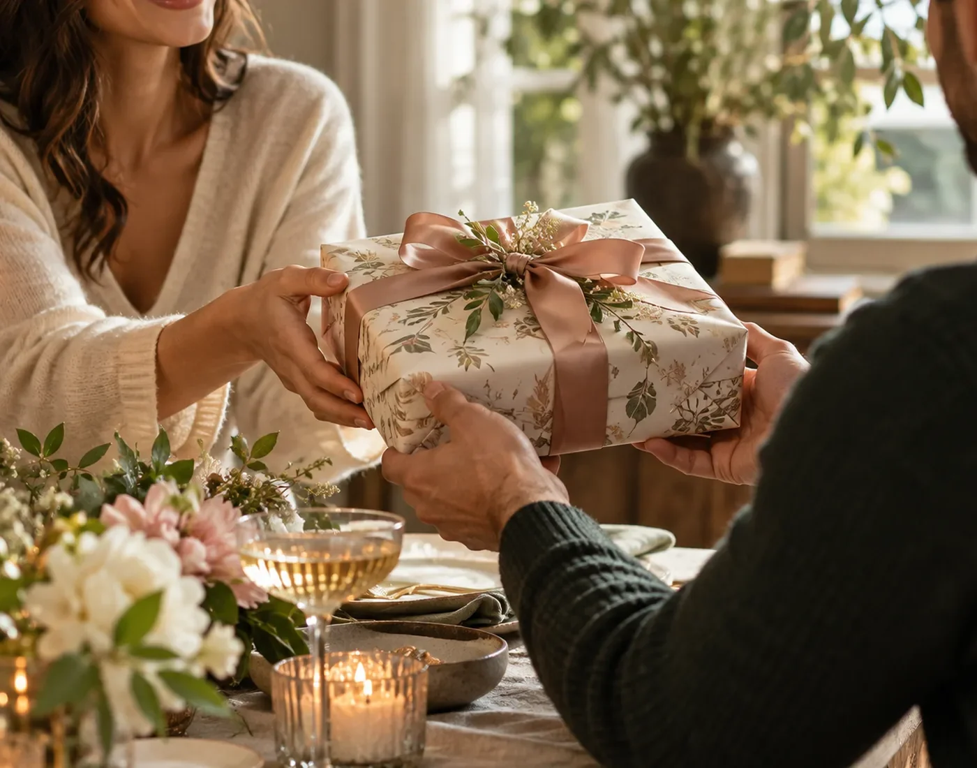 A wrapped gift being exchanged in a warm home setting