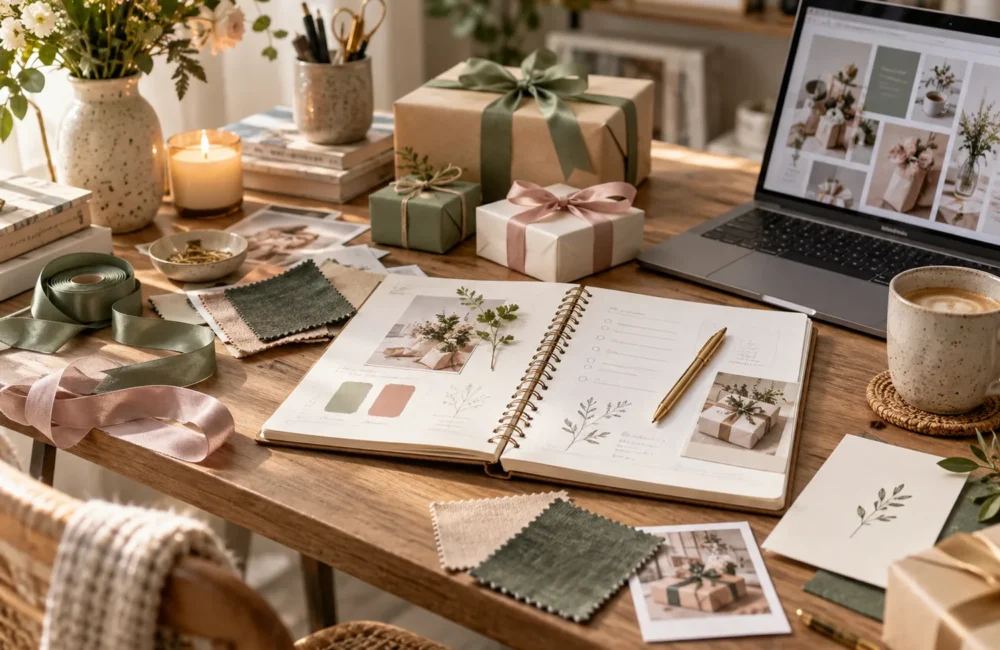 Gift wrapping and editorial planning materials on a warm wooden desk