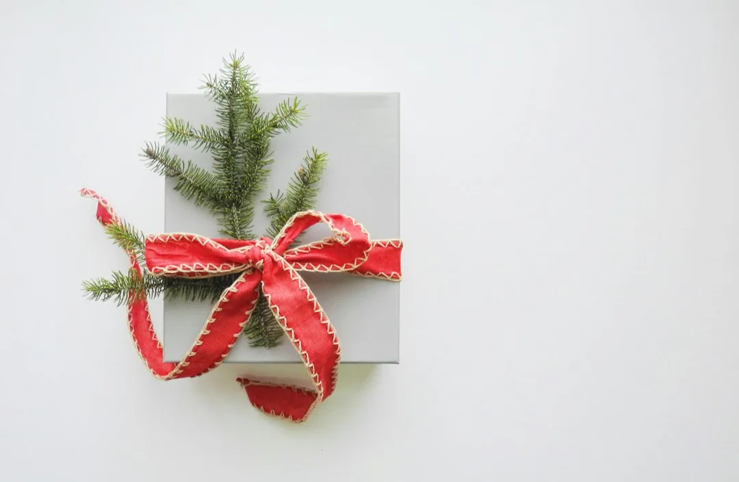 Small Christmas present wrapped with a red ribbon and greenery