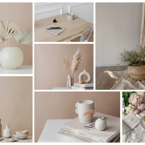 Soft aesthetic gift arrangement featuring dried flowers, ceramic vases, and linen textiles in muted blush and cream tones